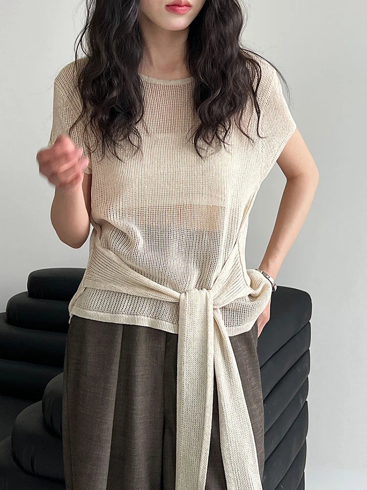 Women Blue Knitting Bandage Thin Casual T-shirt New Round Neck Short Sleeve Fashion Tide Spring Summer 2025 1DJ1305