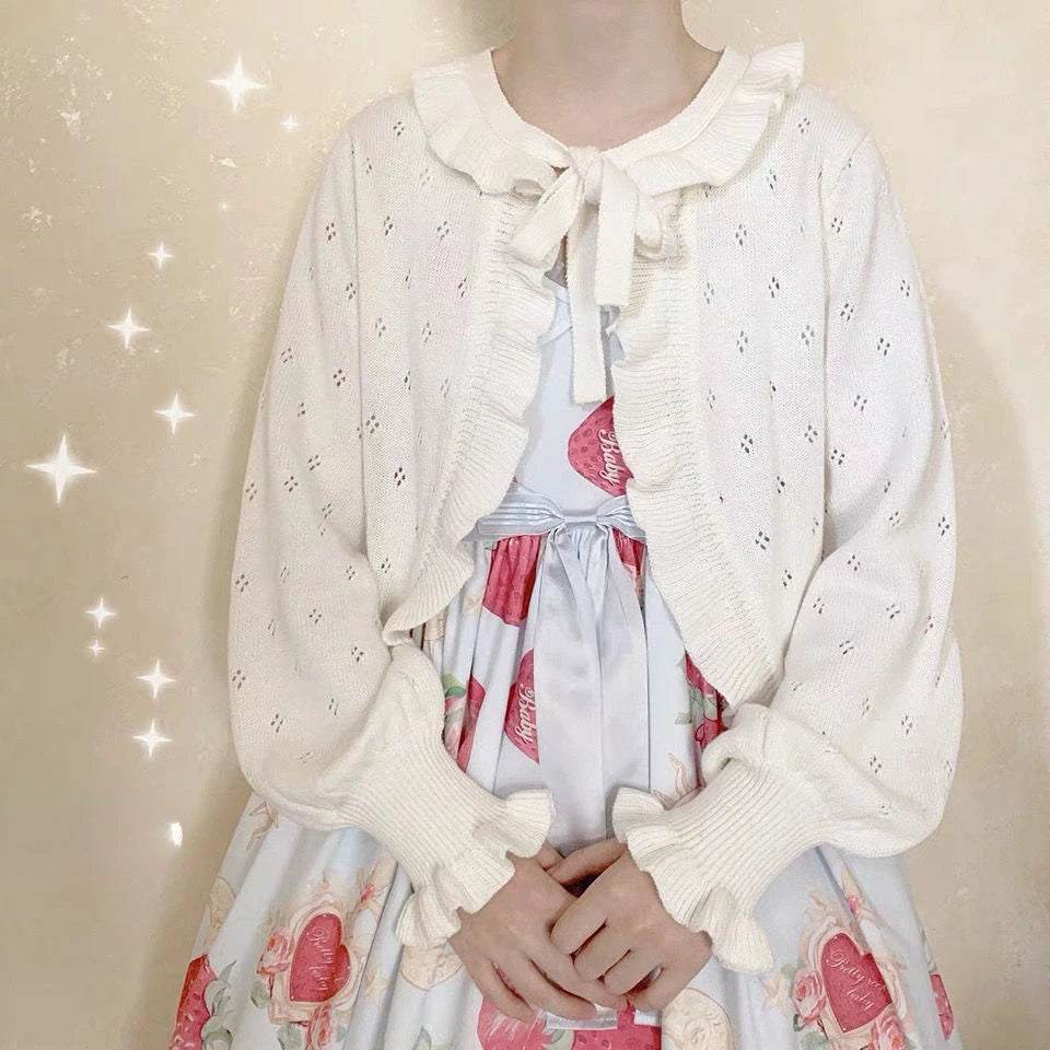 Japanese Kawaii Lolita Cardigan Women Vintage Lantern Sleeve Thin Ruffle Sweater Coat Knitted Kardigany Girls Cute Tops