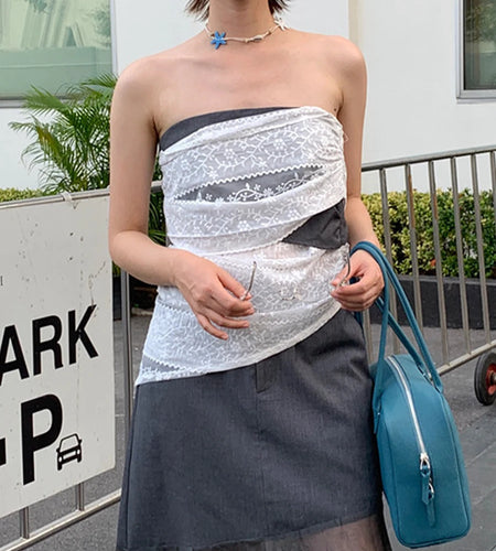 Hit Color Slimming Spliced Lace Vests For Women Strapless Sleeveless Tunic Temperament Chic Vwst Female Clothes New