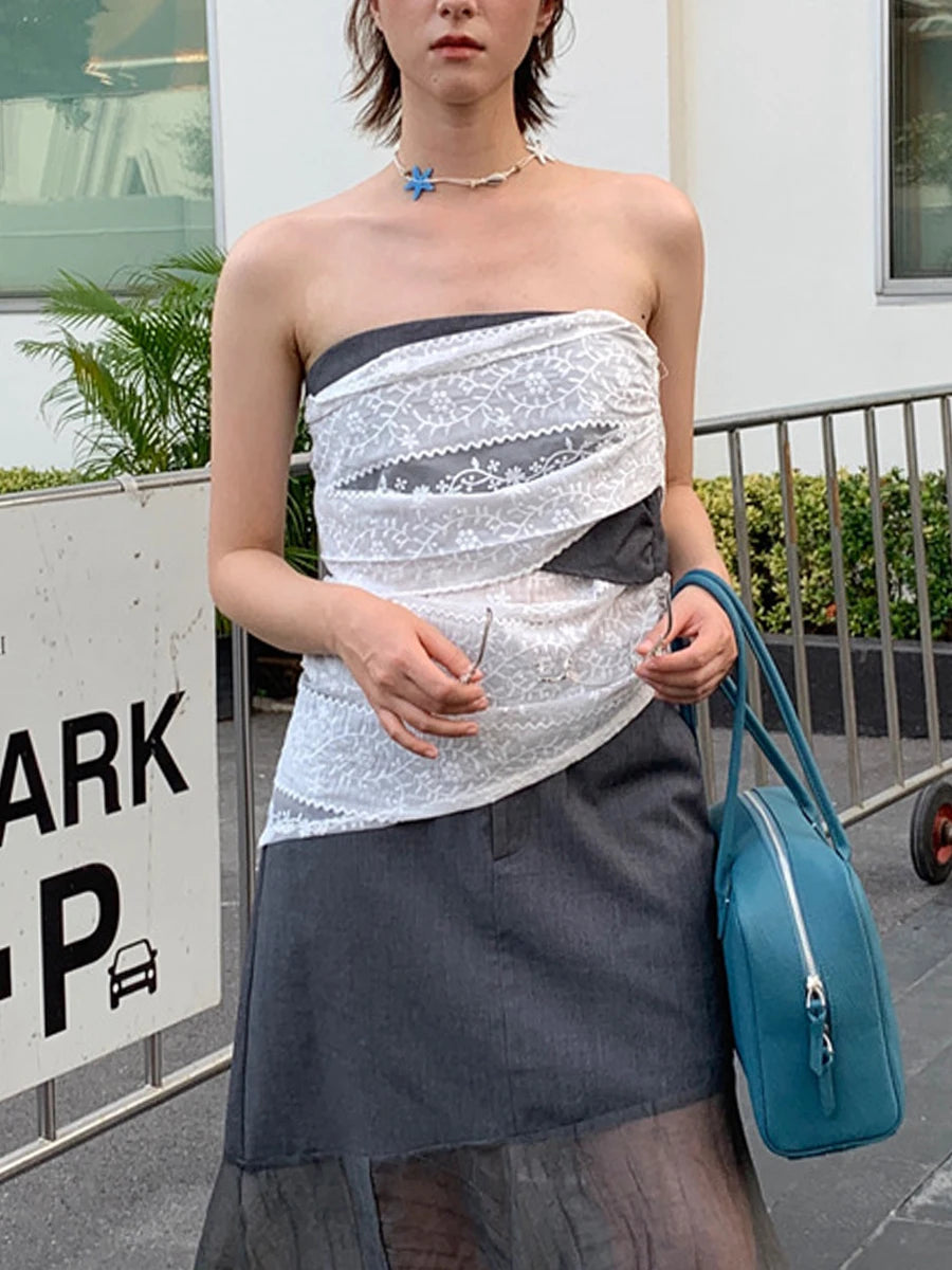 Hit Color Slimming Spliced Lace Vests For Women Strapless Sleeveless Tunic Temperament Chic Vwst Female Clothes New