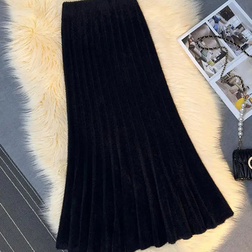 Load image into Gallery viewer, Autumn Winter Women's Black White Elegant Knitted Long Skirt Red Elastic High Waist Party Wrap Hip Pleated Fishtail Skirts 2024
