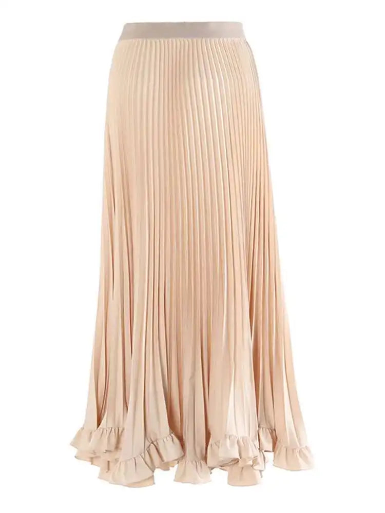 High Elastic Waist Khaki Pleated Elegant Sequins A-line Half-body Skirt Women Fashion Tide New Spring Autumn 2025 1DH8169
