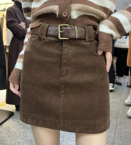 Brown Mini Skirt Women Corduroy Korean Y2k Vintage A-line Clothes All-match Harajuku Black High Waist Versatile Short Skirt Chic