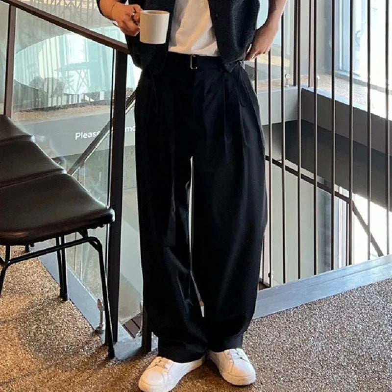 Korean Style Men's Pants Casual Belt Solid Color Bottom Straight Wide Leg Male Trousers 2025 Spring New Stylis 9C6740
