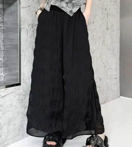 High Elastic Waist Black Pleated Chiffon Long Wide Leg Pants New Trousers Women Fashion Tide Spring Autumn 2025 1DH6500