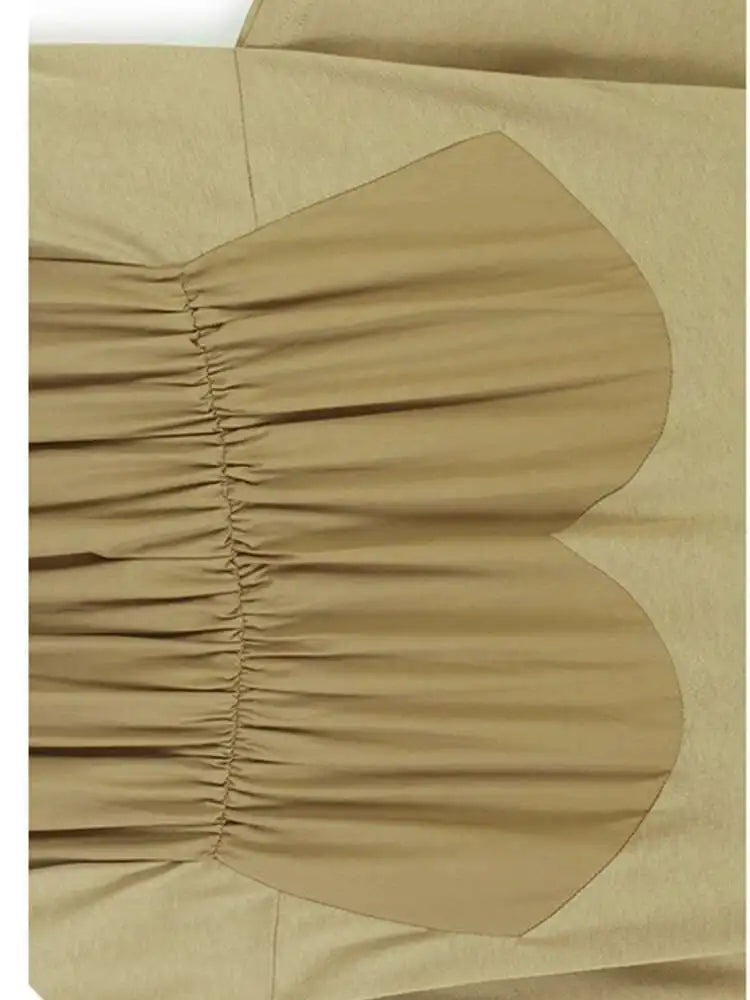 Women Khaki Pleated Spliced Big Size Midi Casual Dress New Round Neck Short Sleeve Fashion Tide Spring Summer 2025 1DH9811