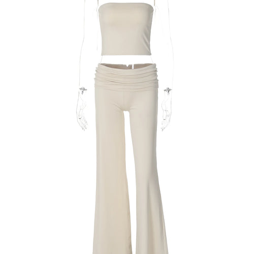 Load image into Gallery viewer, Autumn 2 Piece Sets Strapless Solid Sexy Crop Top Shirring Wide Leg Pants Women Fashion Outfits Vacation Workout
