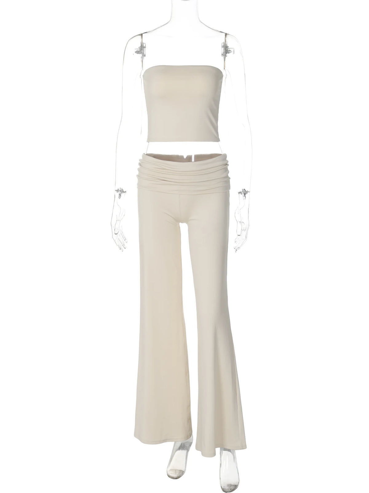 Autumn 2 Piece Sets Strapless Solid Sexy Crop Top Shirring Wide Leg Pants Women Fashion Outfits Vacation Workout