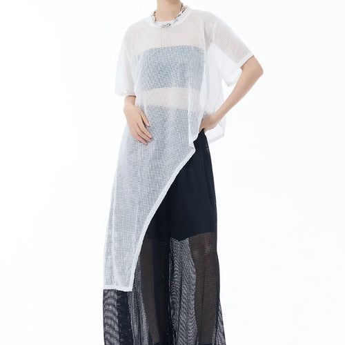 Load image into Gallery viewer, Women Black Grid Hollow Out Big Size Irregular T-shirt New Round Neck Short Sleeve Fashion Tide Spring Summer 2025 1DJ1878
