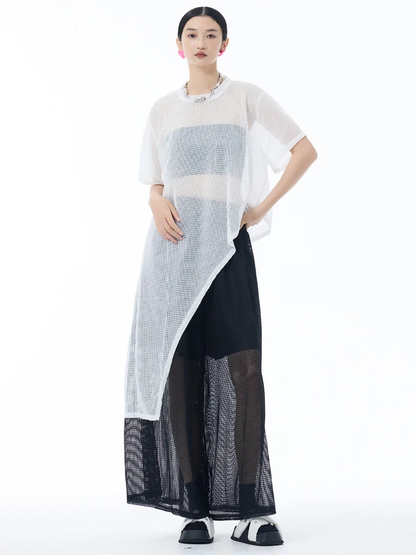 Women Black Grid Hollow Out Big Size Irregular T-shirt New Round Neck Short Sleeve Fashion Tide Spring Summer 2025 1DJ1878