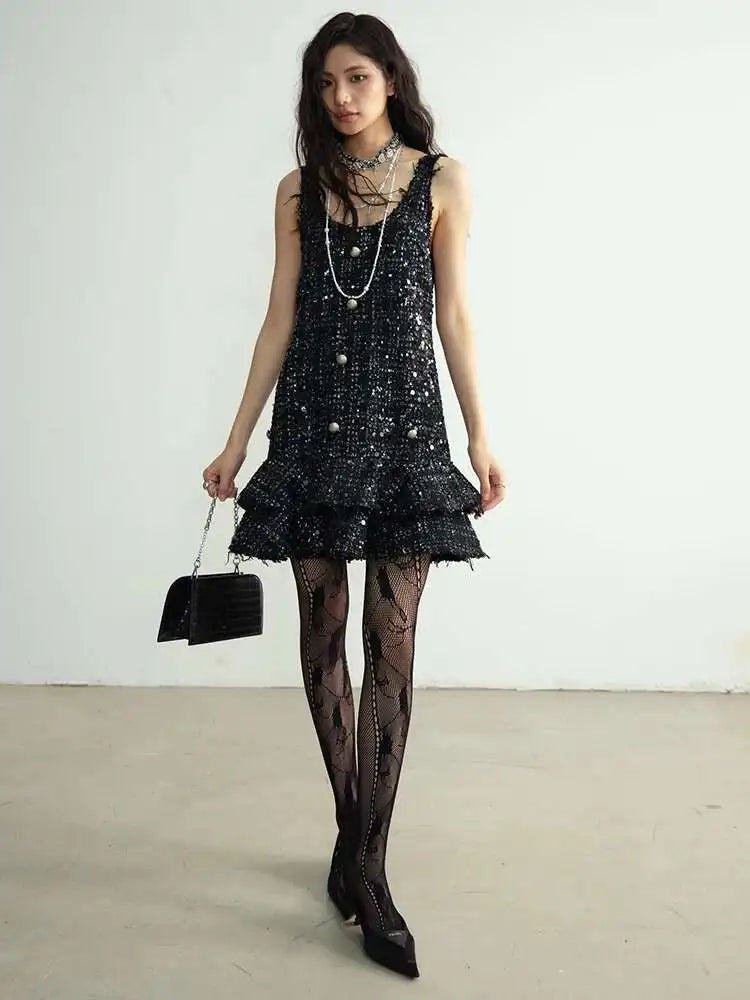 Women Black Sequins Tassels Ruffles Mini Elegant Dress New Round Neck Sleeveless Fashion Tide Spring Autumn 2025 1DH8269