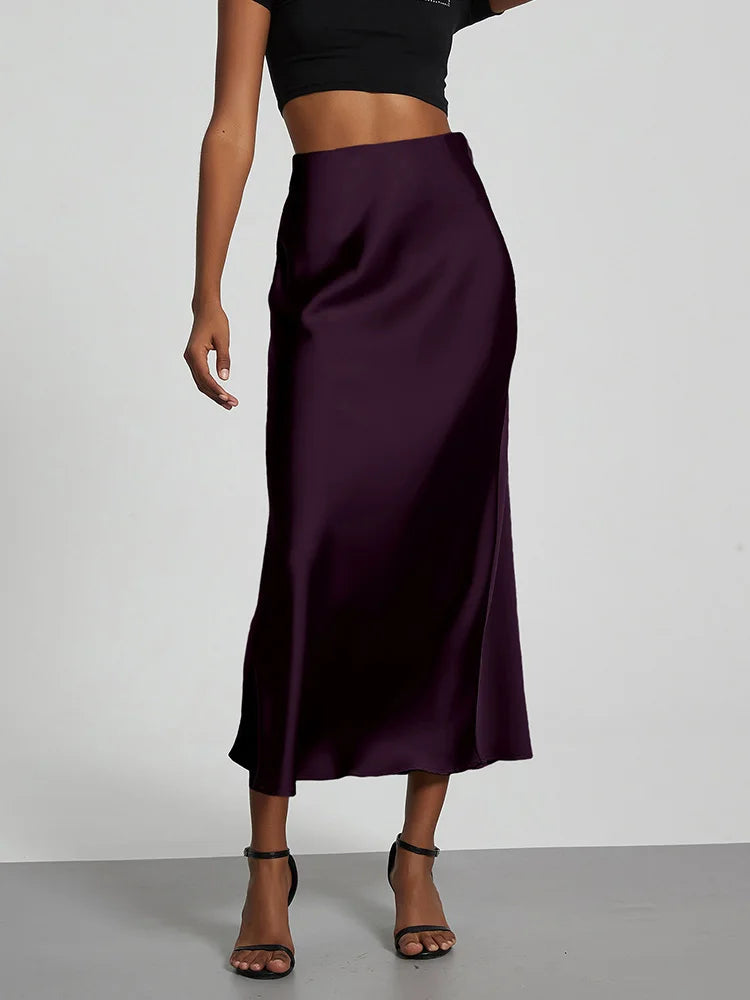 Fashion Satin Party Long Skirt High Waist Solid Color Casual Basic Women Skirts Fishtail Skirt Chic Summer Woman Clothing 2025