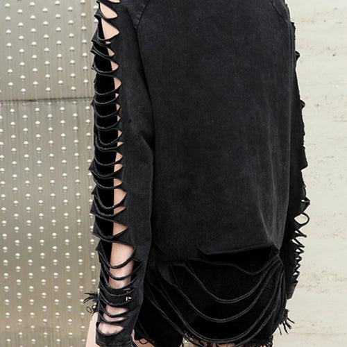 Load image into Gallery viewer, Women Black Pocket Holes Hollow Out Big Size T-shirt New Round Neck Long Sleeve Fashion Tide Spring Autumn 2025 1DJ0805
