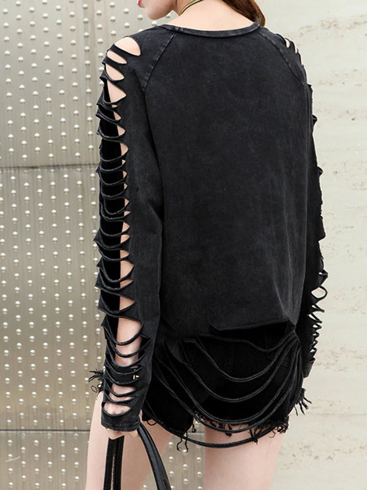 Women Black Pocket Holes Hollow Out Big Size T-shirt New Round Neck Long Sleeve Fashion Tide Spring Autumn 2025 1DJ0805