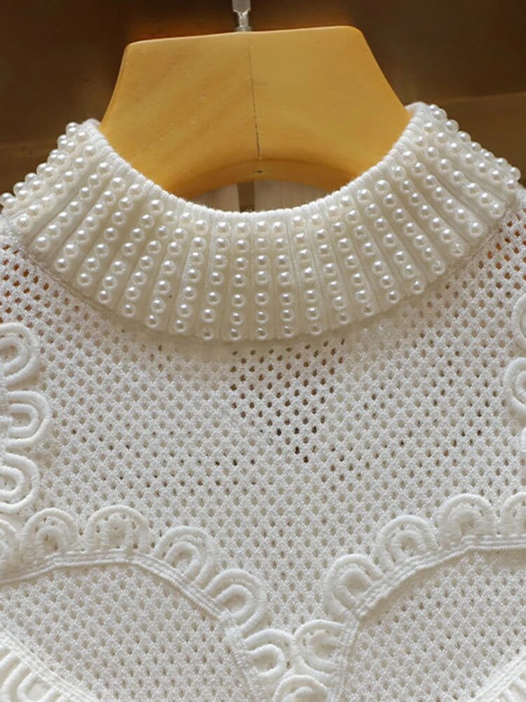 Solid Patchwork Pearls Sweaters For Women Round Neck Long Sleeve Spliced Mesh Knitted Sweater Female Fashion