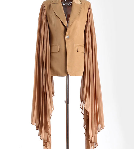 Women Khaki Pleated Irregular Elegant Blazer New Lapel Long Ruffles Sleeve Jacket Fashion Tide Spring Autumn 2025 1DH6395