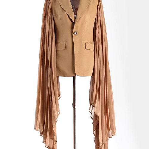 Load image into Gallery viewer, Women Khaki Pleated Irregular Elegant Blazer New Lapel Long Ruffles Sleeve Jacket Fashion Tide Spring Autumn 2025 1DH6395
