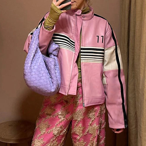 Load image into Gallery viewer, Fashion Pink Stripe Autumn Winter Jacket Women Spliced Zip Up PU Leather Coat Streetwear Coquette Clothes Outwear New
