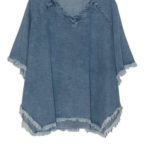 Load image into Gallery viewer, Women Black Denim Burr Irregular Big Size Casual T-shirt New V-Neck Half Sleeve Fashion Tide Spring Summer 2025 1DJ1392
