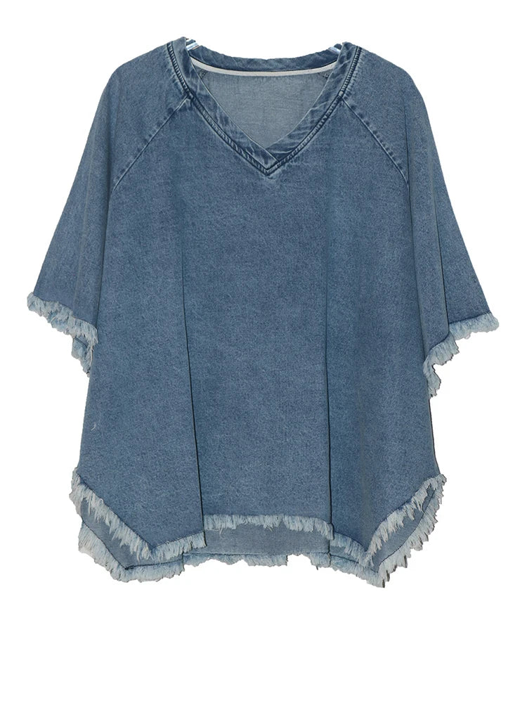 Women Black Denim Burr Irregular Big Size Casual T-shirt New V-Neck Half Sleeve Fashion Tide Spring Summer 2025 1DJ1392