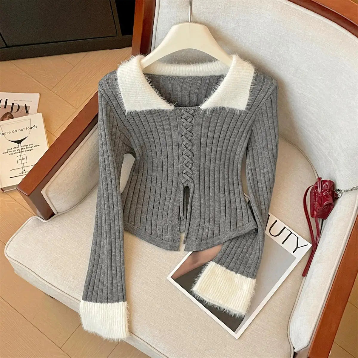 Korean Autumn Winter Grey Patchwork Elegant Pullover Short Sweater Women's 2024 New Beige Lace-up Long Sleeved Knitted Tops Chic