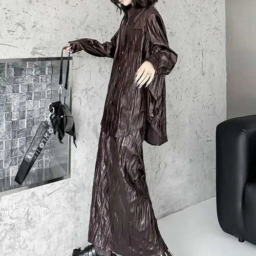 Load image into Gallery viewer, Wine Red Leather Shirt Half-body Skirt Two Pieces Suit New Lapel Long Sleeve Women Fashion Tide Spring Autumn 2025 1DH6880
