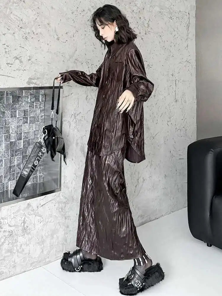 Wine Red Leather Shirt Half-body Skirt Two Pieces Suit New Lapel Long Sleeve Women Fashion Tide Spring Autumn 2025 1DH6880