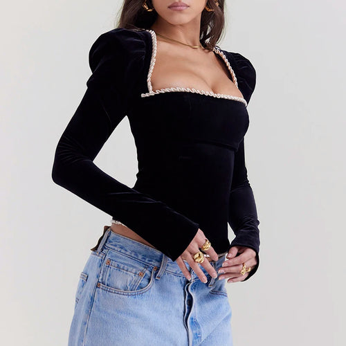 Load image into Gallery viewer, Square Collar Backless Bandage Sexy T-shirt Women Autumn Winter New Black Shoulder Pad Sleeve Skinny Sexy Party Tops
