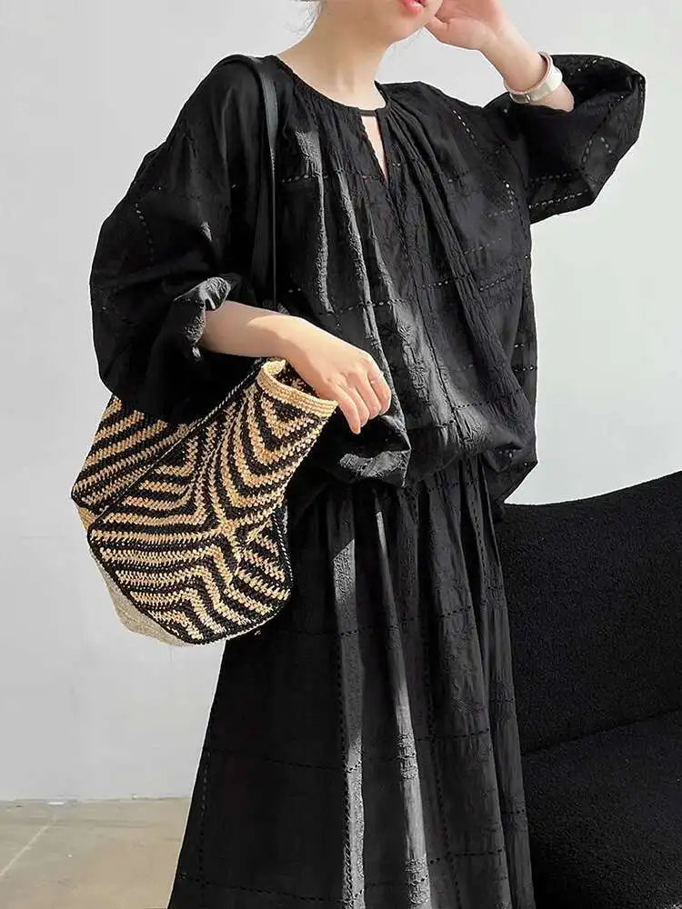 Lace Big Size Shirt Half-body Skirt Two Pieces Suit New Round Neck Long Sleeve Women Fashion Spring Autumn 2025 1DJ0062