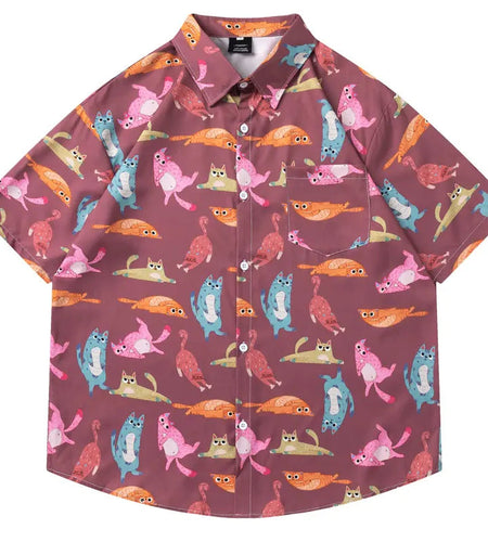 Hawaiian Shirts Streetwear Funny Cartoon Cat Graphic Printed Button Blouse Hip Hop Harajuku Baggy Short Sleeve Summer Beach Tops