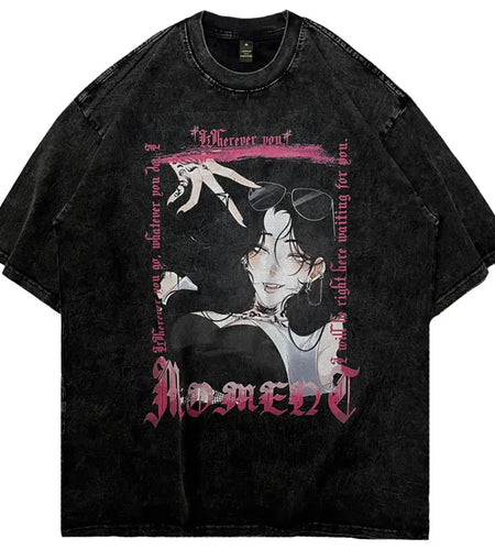 Hip Hop Vintage T Shirt Streetwear Harajuku Japanese Cartoon Anime Girl Print Washed Oversize Tshirt Punk Gothic Graphic Tee Top