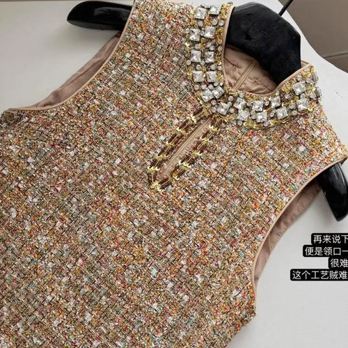 Load image into Gallery viewer, Retro 2024 Autumn Winter New Brown Diamond Woolen Sleeveless Mini Dress Women Round Neck Elegant Short Tweed Dress Popular Trend
