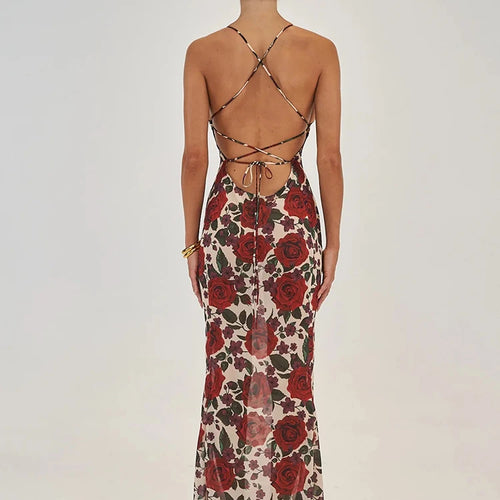 Load image into Gallery viewer, Spaghetti Strap Backless Print Dress For Women Fashion Deep V Neck Sleeveless Lace Up Bodycon Printed Sexy Long Dress
