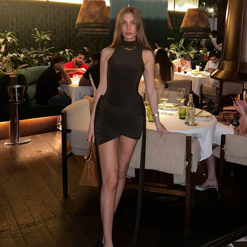 Load image into Gallery viewer, Elegant Sleeveless High Neck Elastic Slim Lace Up Dress Women Tight Party Club Evening Dress Elegant Short Dress Vestido
