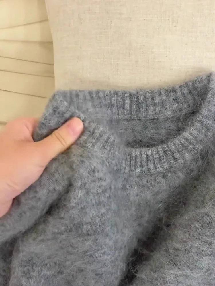 Women Pink Gray Round Neck Pullover Sweater Autumn Winter White Basic Warm Casual Korean Long Sleeved Knitwear Tops Versatile