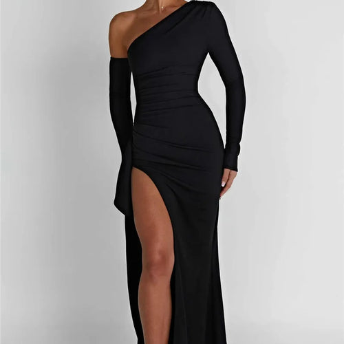 Load image into Gallery viewer, Oblique Shoulder Thigh High Split Maxi Dress Women Long Sleeve Backless Bodycon Sexy Club Party Long Dress Vestidos
