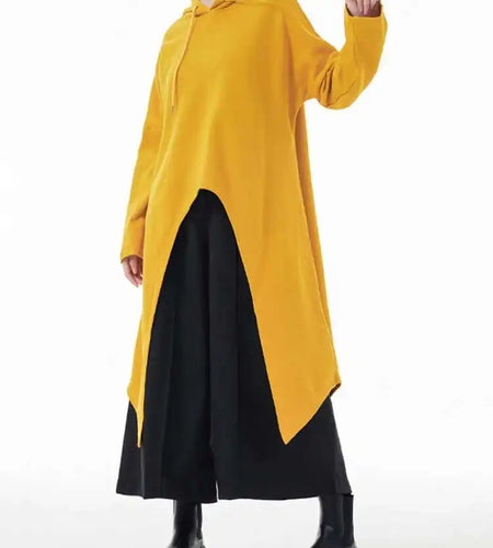 Yellow Irregular Midi Sweatshirt New Hooded Drawstring Long Sleeve Women Big Size Fashion Tide Spring Autumn 2025 1DH3876