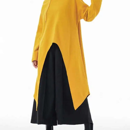 Load image into Gallery viewer, Yellow Irregular Midi Sweatshirt New Hooded Drawstring Long Sleeve Women Big Size Fashion Tide Spring Autumn 2025 1DH3876
