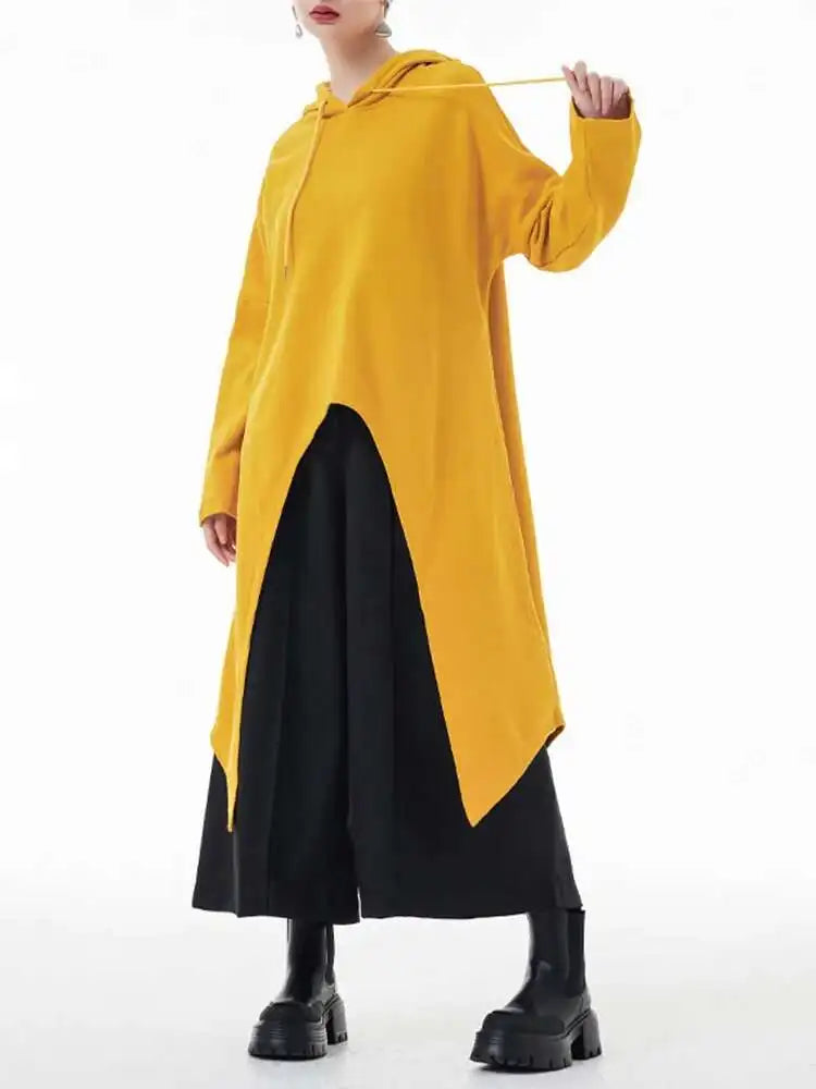 Yellow Irregular Midi Sweatshirt New Hooded Drawstring Long Sleeve Women Big Size Fashion Tide Spring Autumn 2025 1DH3876