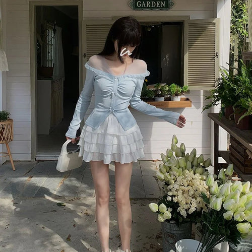 Load image into Gallery viewer, Elegant Bow Gauze Patchwork T-shirts Korean Fashion Aesthetic Sexy Tops Women All Match Solid   Sweet Long Sleeve Tees
