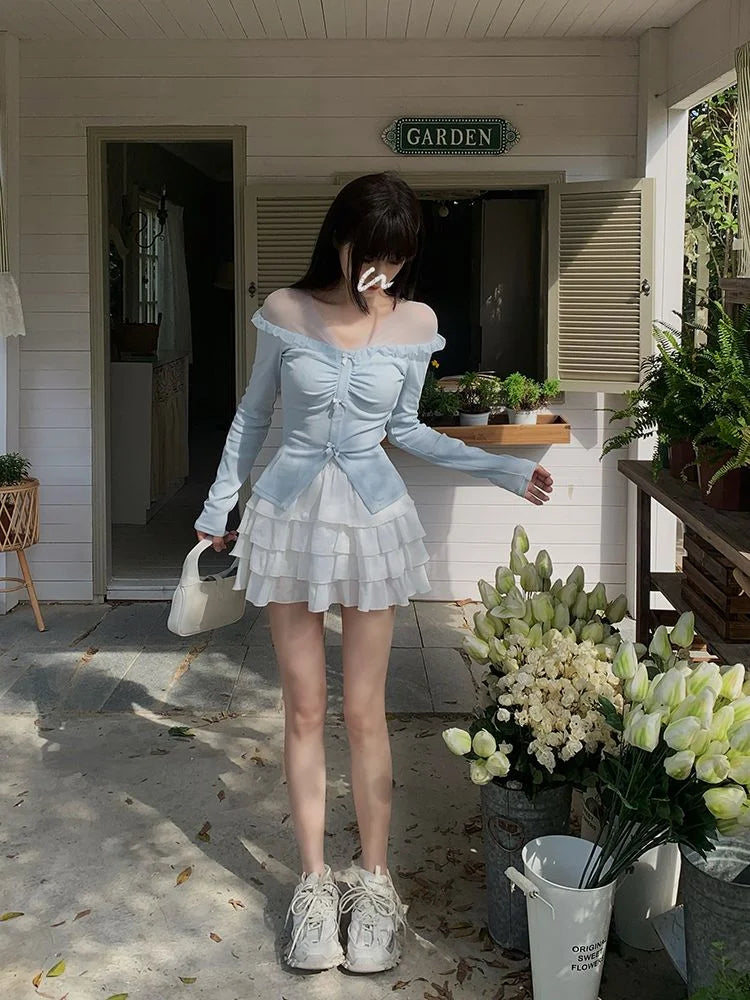 Elegant Bow Gauze Patchwork T-shirts Korean Fashion Aesthetic Sexy Tops Women All Match Solid   Sweet Long Sleeve Tees