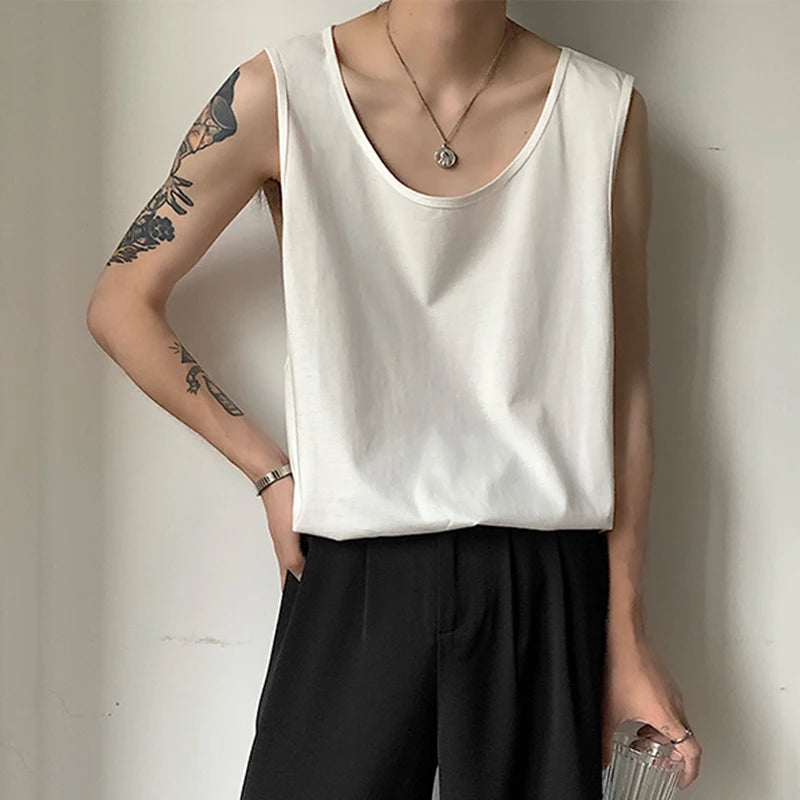 Simple Men's Tank Tops Casual Solid Color New Autumn Round Collar Sleeveless Oversize Male Vest Fashion Menwear 9C6868