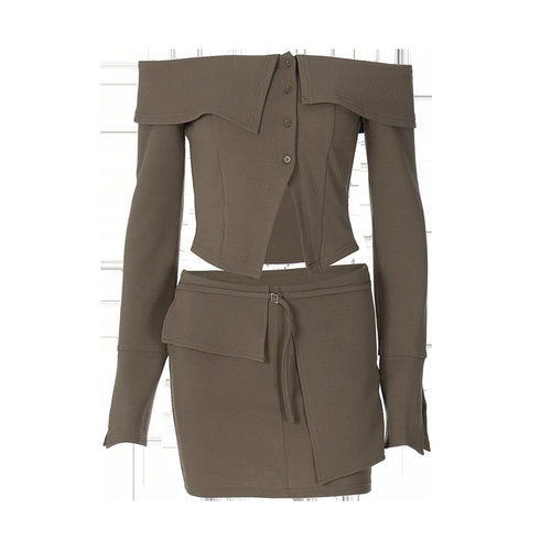 Load image into Gallery viewer, Sexy Two Piece Sets Women Off-shoulder Long Sleeve T-shirt And Mini Skirt Matching Sets Backless Sexy 2 Piece Sets
