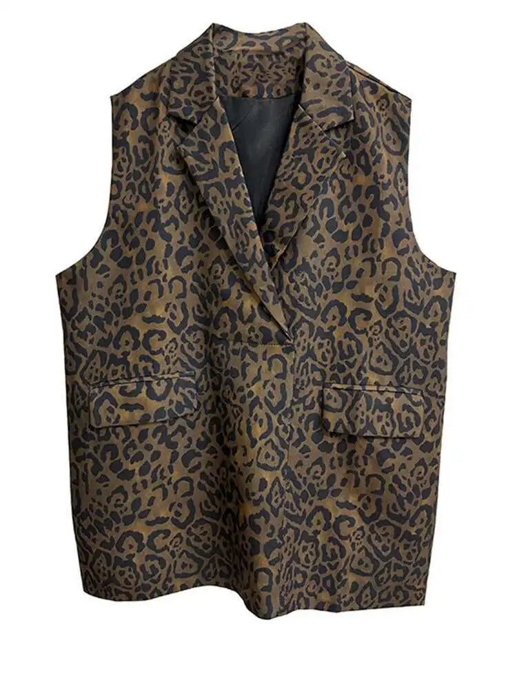 Women Leopard Print Big Size Casual Vintage Mini Vest Dress New Lapel Sleeveless Fashion Tide Spring Autumn 2025 1DH5205