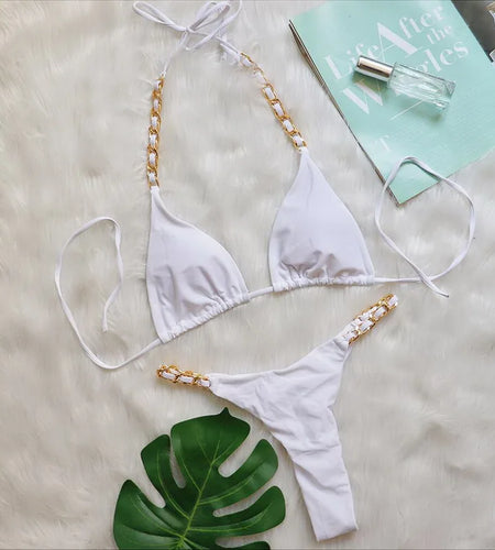 Metal Chain Bikini 2024 Sexy Push Up Swimwear Women Nylon Brazilian Swimsuit Thong Biquini Two Piece Bathing Suit