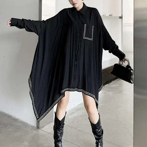 Load image into Gallery viewer, Women Black Irregular Hem Rivet Pocket Big Size Shirt Dress New Lapel Long Sleeve Fashion Tide Spring Autumn 2025 1DH7268
