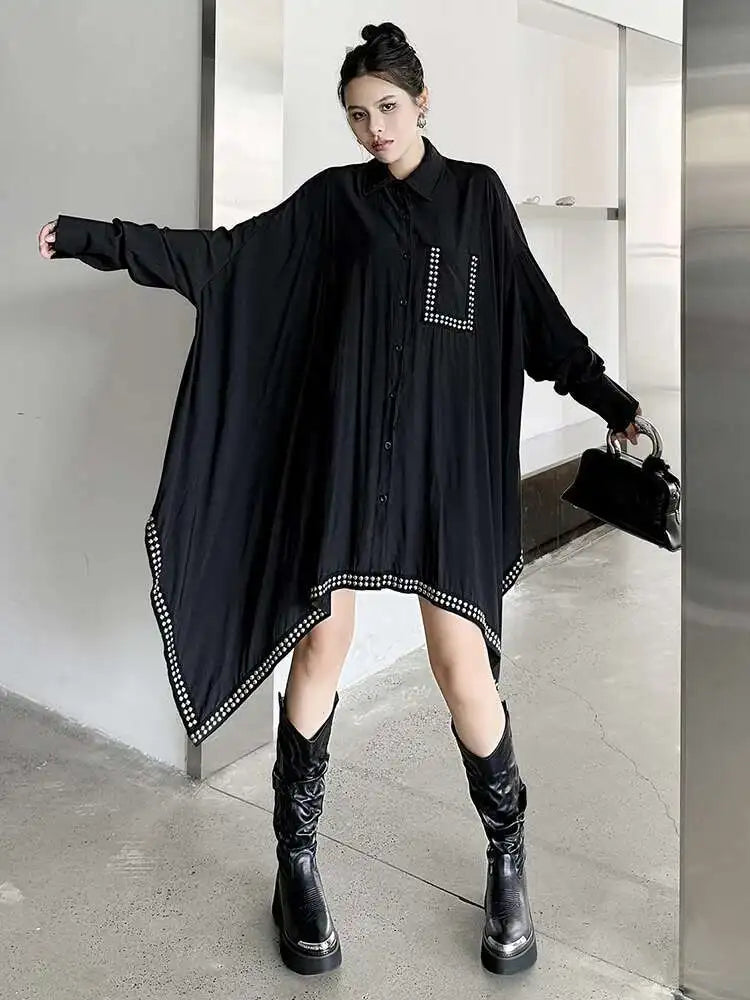 Women Black Irregular Hem Rivet Pocket Big Size Shirt Dress New Lapel Long Sleeve Fashion Tide Spring Autumn 2025 1DH7268