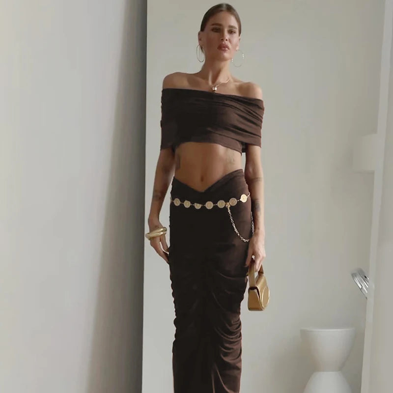Sexy Skirt Two Peces Sets Women Elegant Off-shoulder Slim Fit Crop Top And Bodycon Skirt Two Peces Sets Ladies Outfits