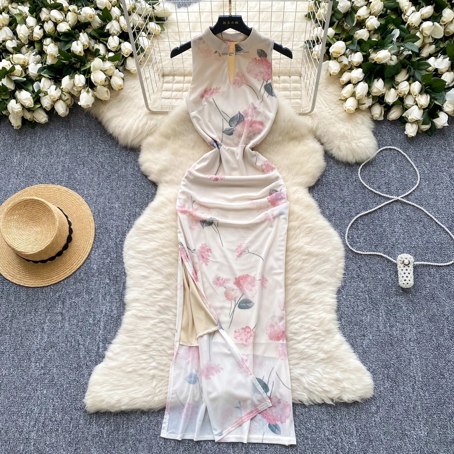 Summer New Chinese Style Print Mesh Dresses Women Sexy Club Hollow Out Stand Collar Sleeveless Slim Evening Party Dress Holiday