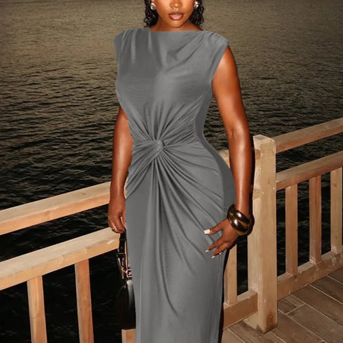 Load image into Gallery viewer, Sleeveless Ruched Sexy Maxi Dress For Women Gown Fashion Solid O Neck High Waist Bodycon Club Long Dress Vestido
